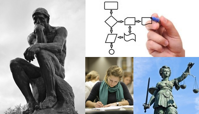 Images of thinker, student, flowchart, justice